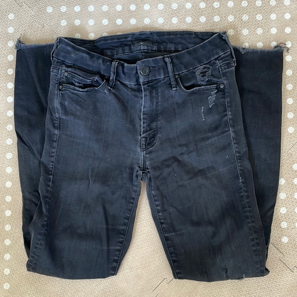 Mother denim black distressed skinny denim
